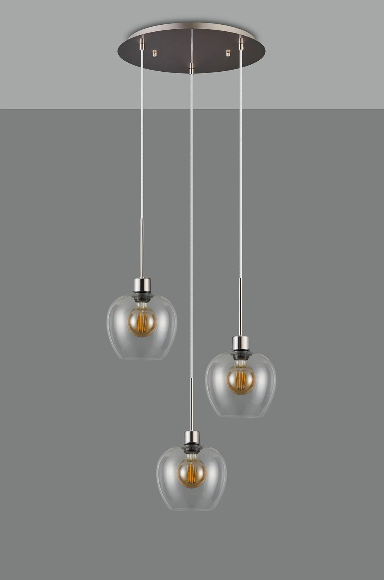 Lori 40cm Round Pendant, 3 Light Adjustable E27, Satin Nickel/Clear Wine Shades DK1370  Deco Lori Satin Nickel